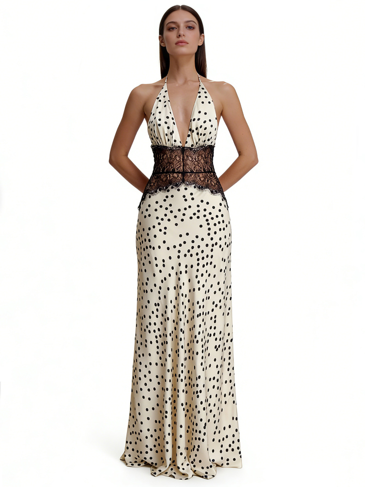 TWOTWINSTYLE Hit Color Patchwork Lace Wave Point Maxi Dress