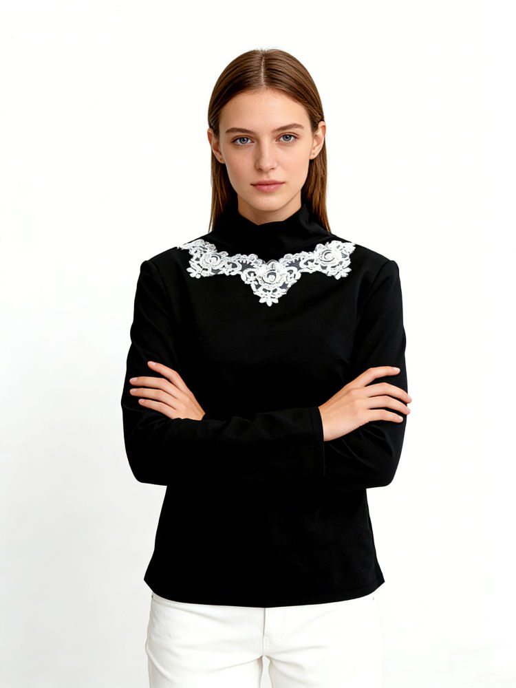 TWOTWINSTYLE Stand Collar Hit Color Patchwork Embroidery Shirt