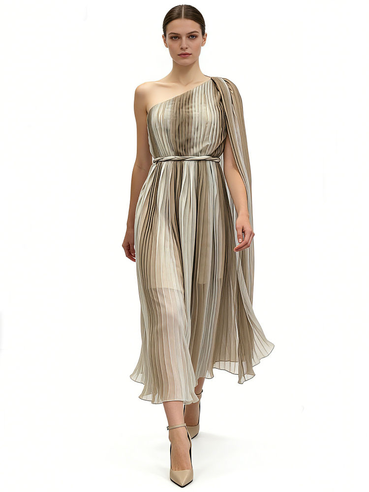 TWOTWINSTYLE Temperament Off One Shoulder Pleated Tunic Midi Dress