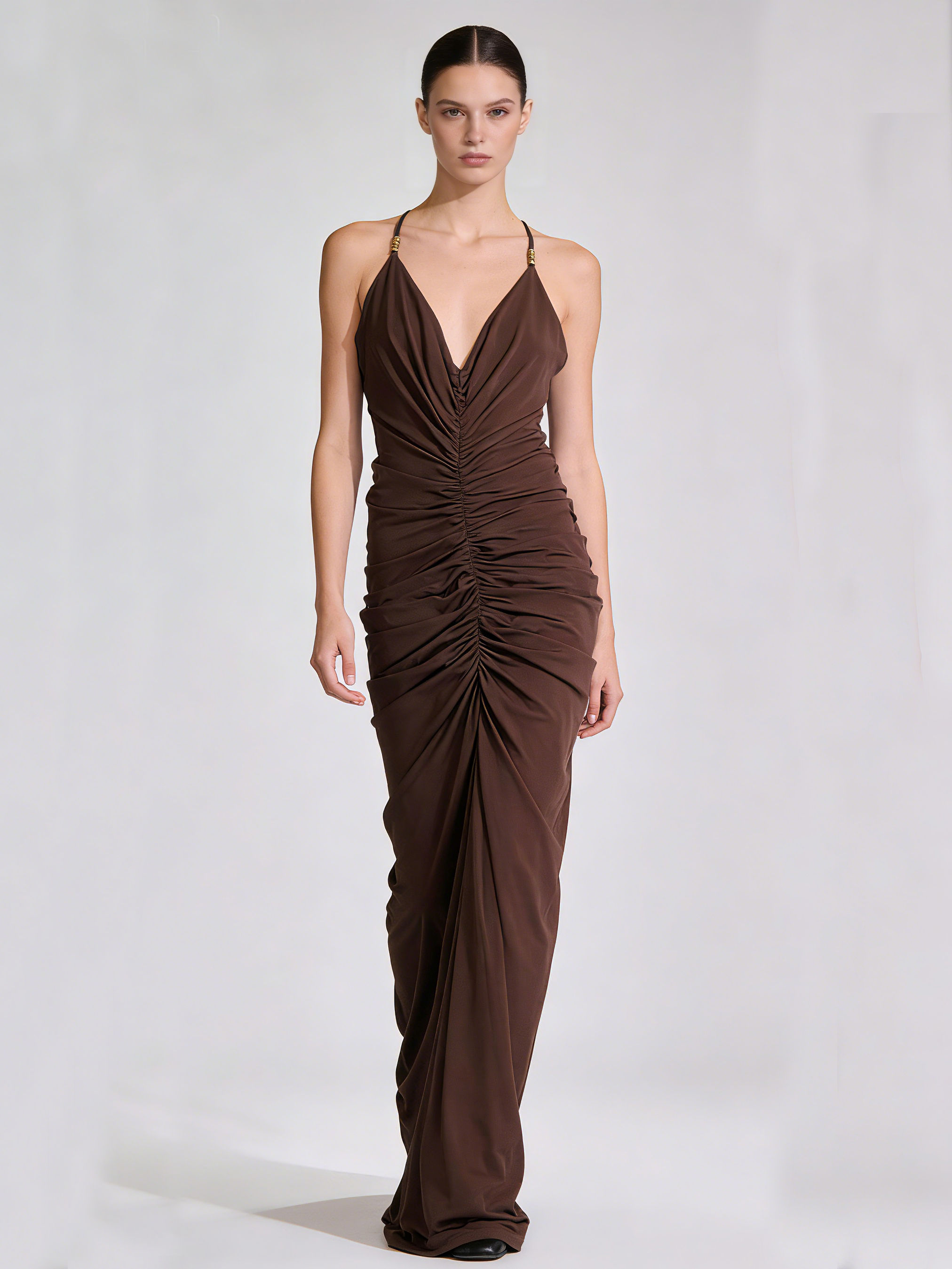 Teotwin Style TWOTWINSTYLE Elegant V-Neck Sleeveless Pleated Maxi Dress