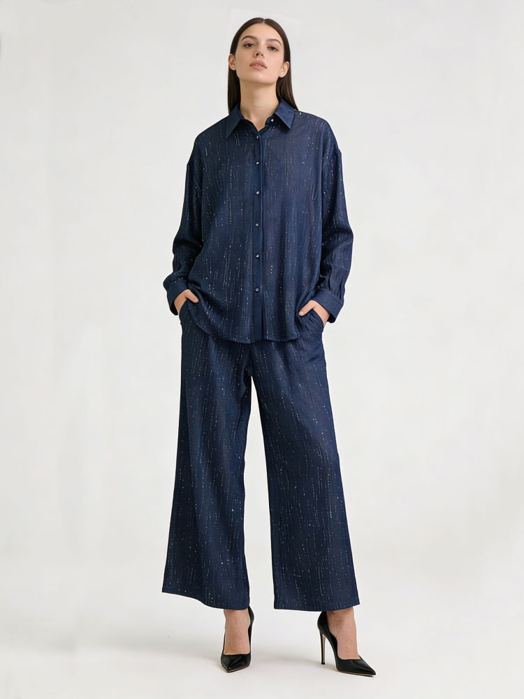TWOTWINSTYLE Lapel Spliced Diamond Top Loose Tunic Pants Temperament Two Piece Set