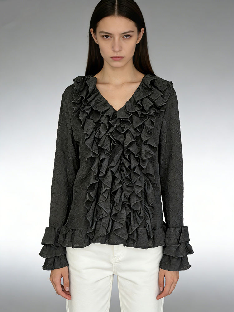 TWOTWINSTYLE V-Neck Patchwork Ruffles Fashion Shirt