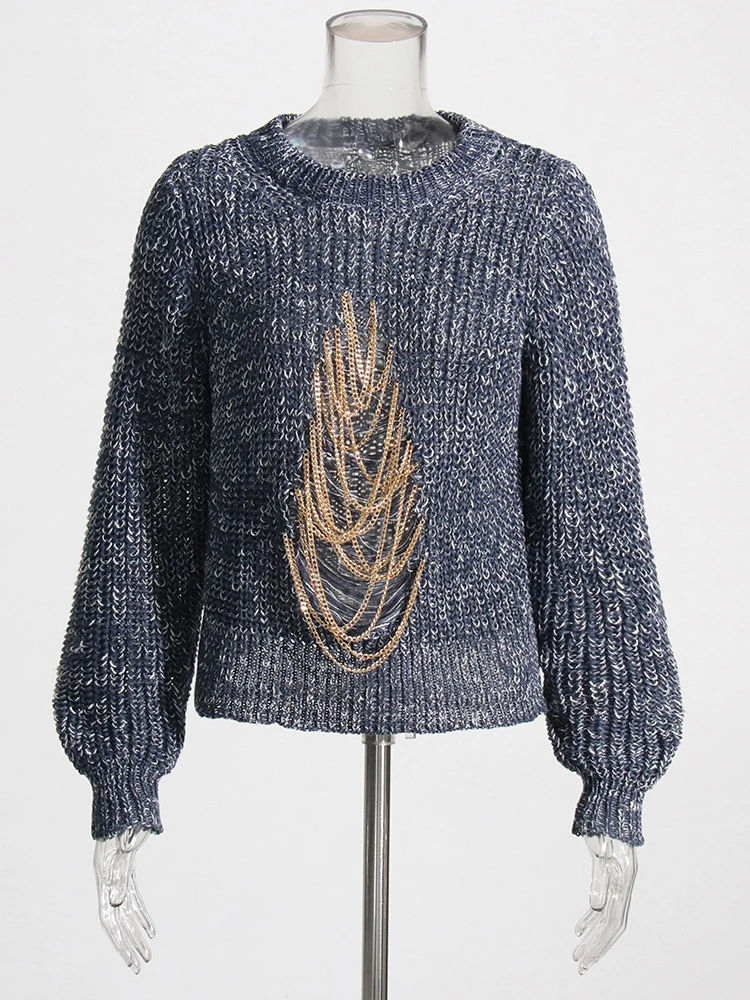 TWOTWINSTYLE Designer Spliced Chain Long Sleeve Sweater