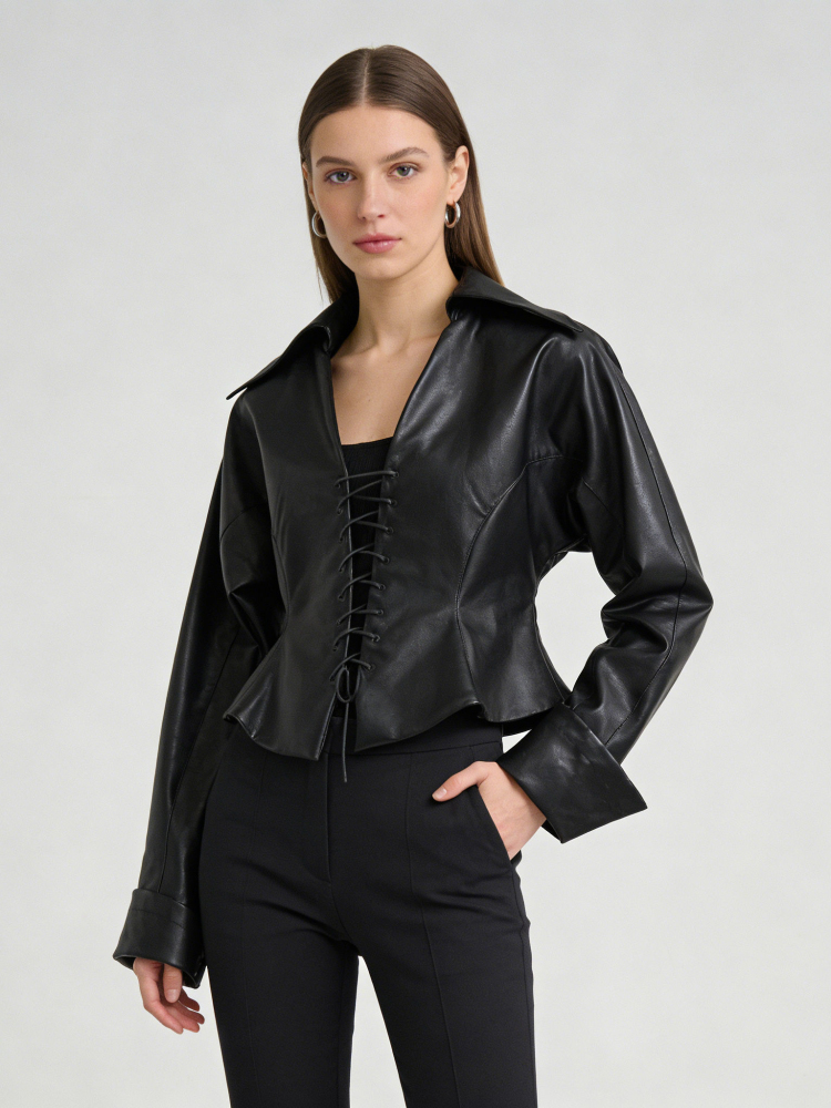 TWOTWINSTYLE Designer Spliced Lace Up Tunic Pu Leather Coat