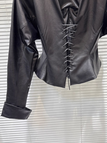 TWOTWINSTYLE Designer Spliced Lace Up Tunic Pu Leather Coat
