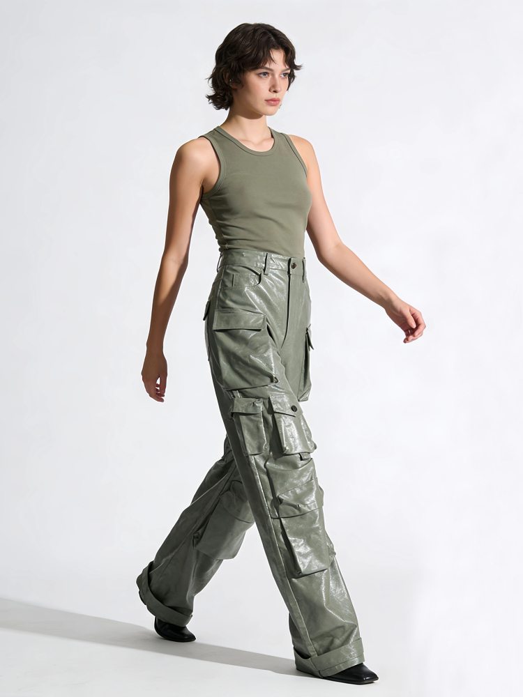 TWOTWINSTYLE Fashion Solid Pu Leather Cargo Pants