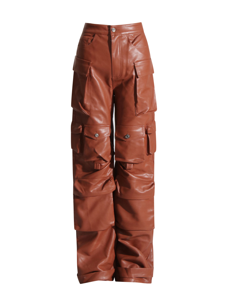 TWOTWINSTYLE Fashion Solid Pu Leather Cargo Pants