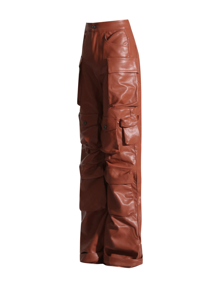 TWOTWINSTYLE Fashion Solid Pu Leather Cargo Pants