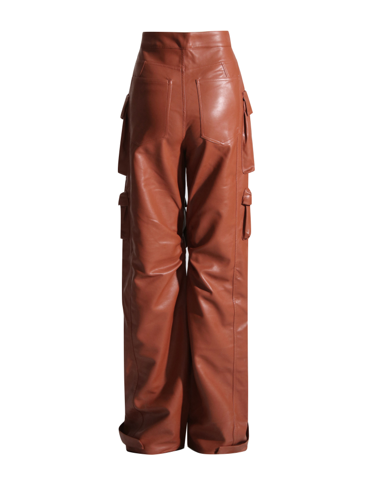 TWOTWINSTYLE Fashion Solid Pu Leather Cargo Pants
