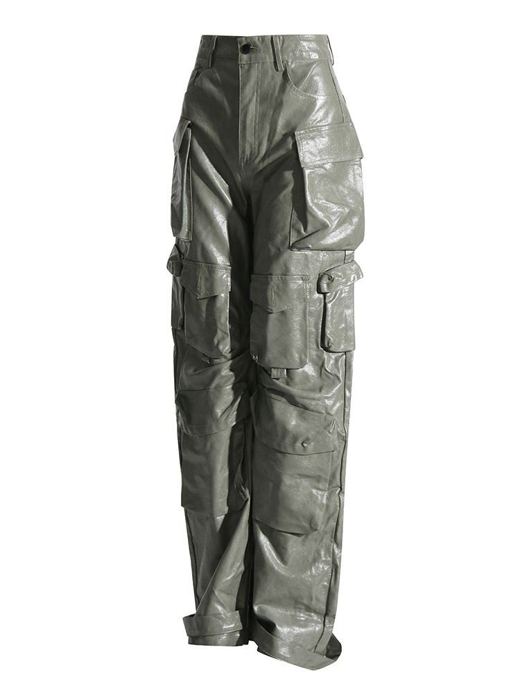 TWOTWINSTYLE Fashion Solid Pu Leather Cargo Pants