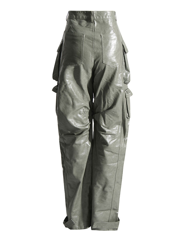 TWOTWINSTYLE Fashion Solid Pu Leather Cargo Pants