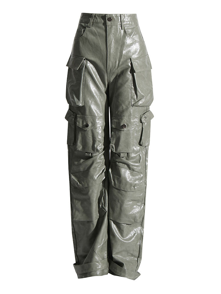 TWOTWINSTYLE Fashion Solid Pu Leather Cargo Pants