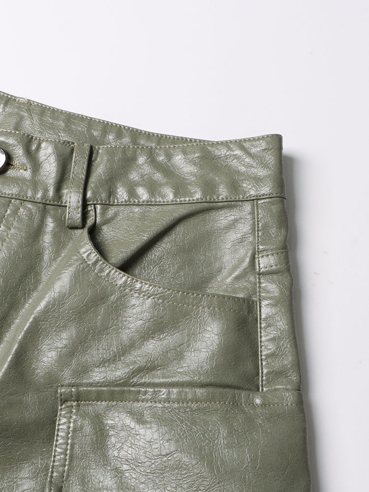 TWOTWINSTYLE Fashion Solid Pu Leather Cargo Pants