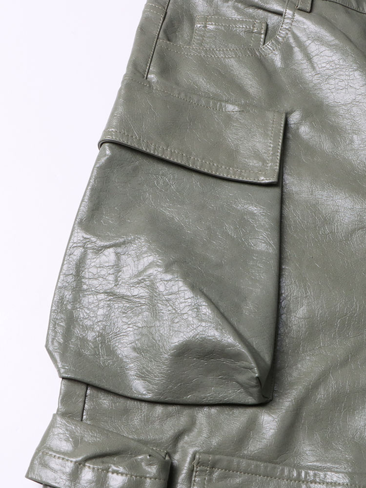TWOTWINSTYLE Fashion Solid Pu Leather Cargo Pants