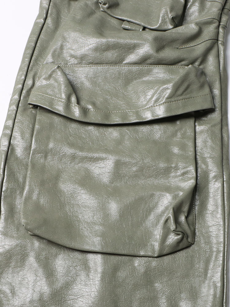 TWOTWINSTYLE Fashion Solid Pu Leather Cargo Pants