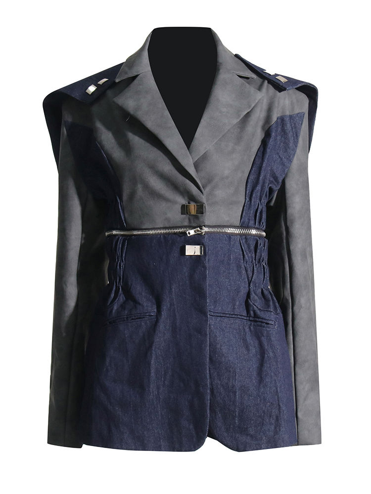 TWOTWINSTYLE Lapel Hit Color Spliced Denim Designer Coat