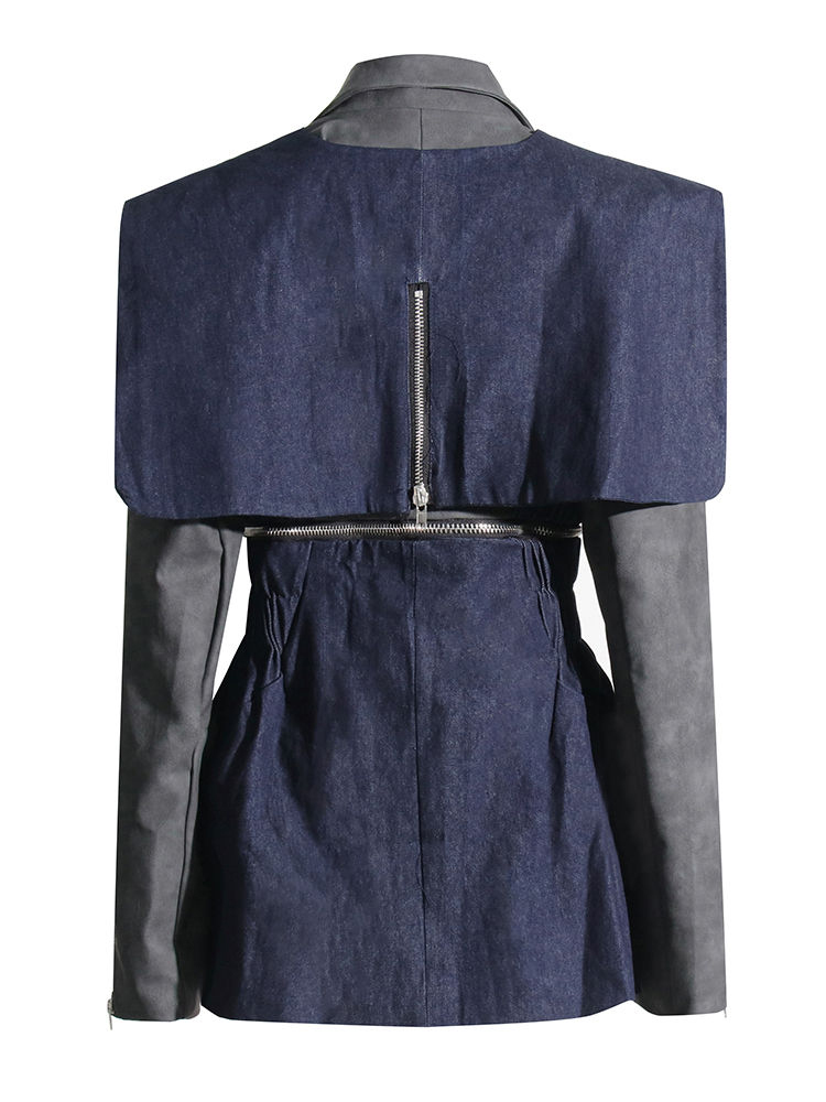 TWOTWINSTYLE Lapel Hit Color Spliced Denim Designer Coat