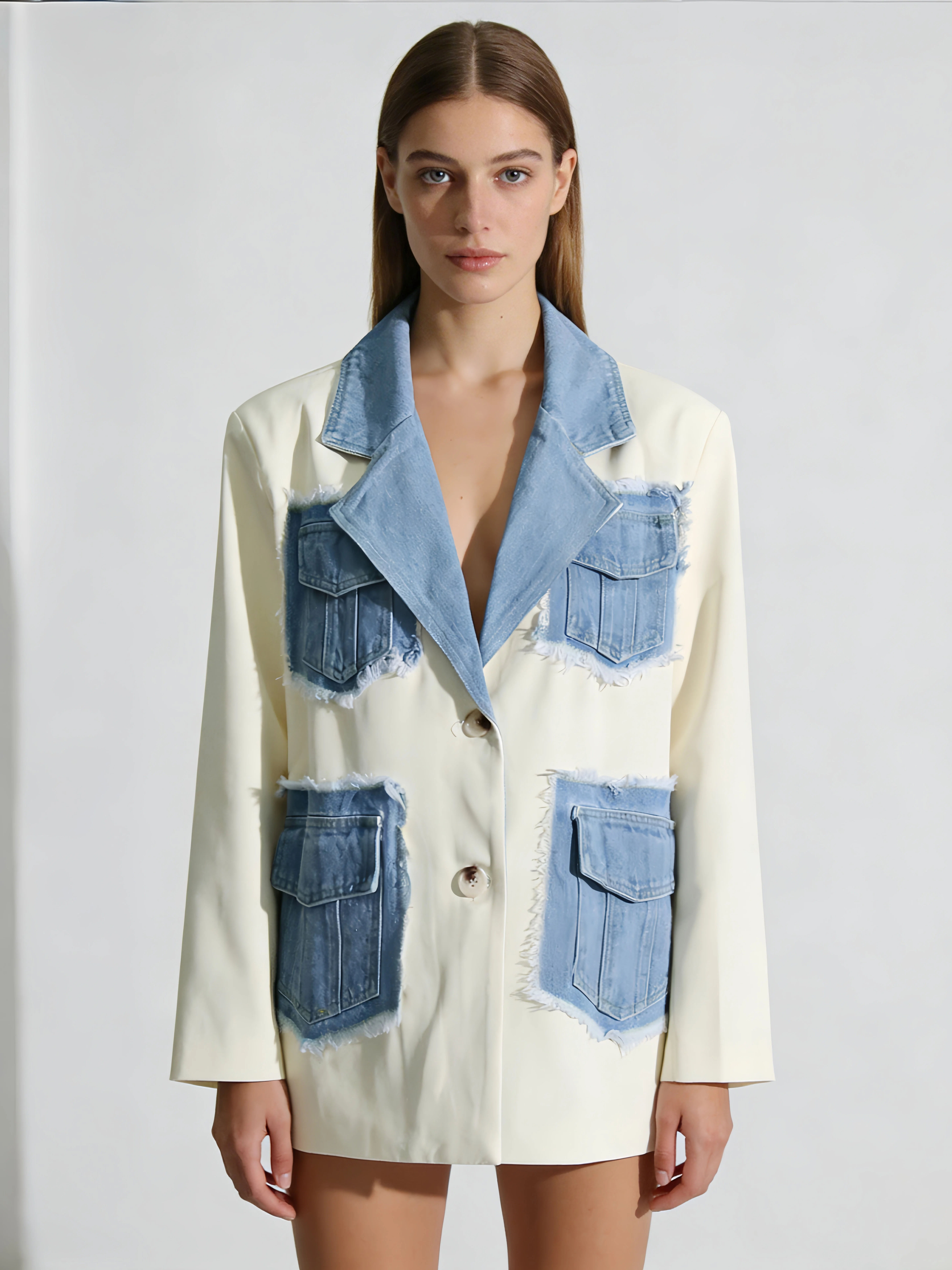 TWOTWINSTYLE Lapel Patchwork Denim Fashion Coat