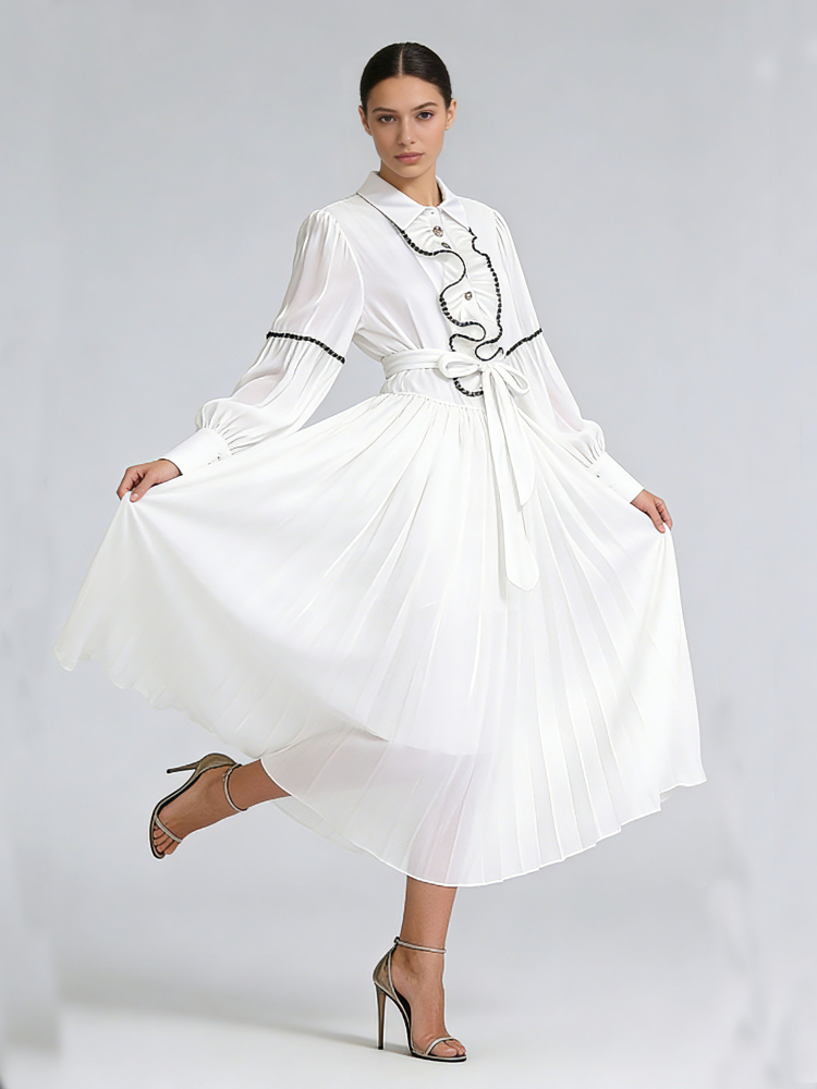 TWOTWINSTYLE Vintage Solid Lapel High Waist Midi Dress