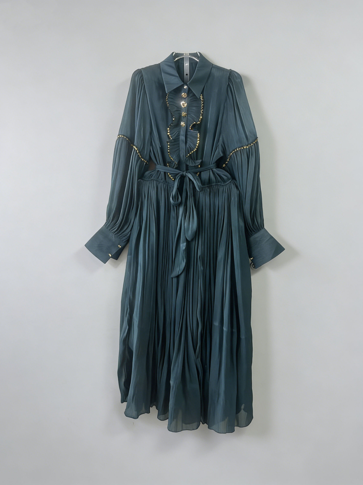 TWOTWINSTYLE Vintage Solid Lapel High Waist Midi Dress
