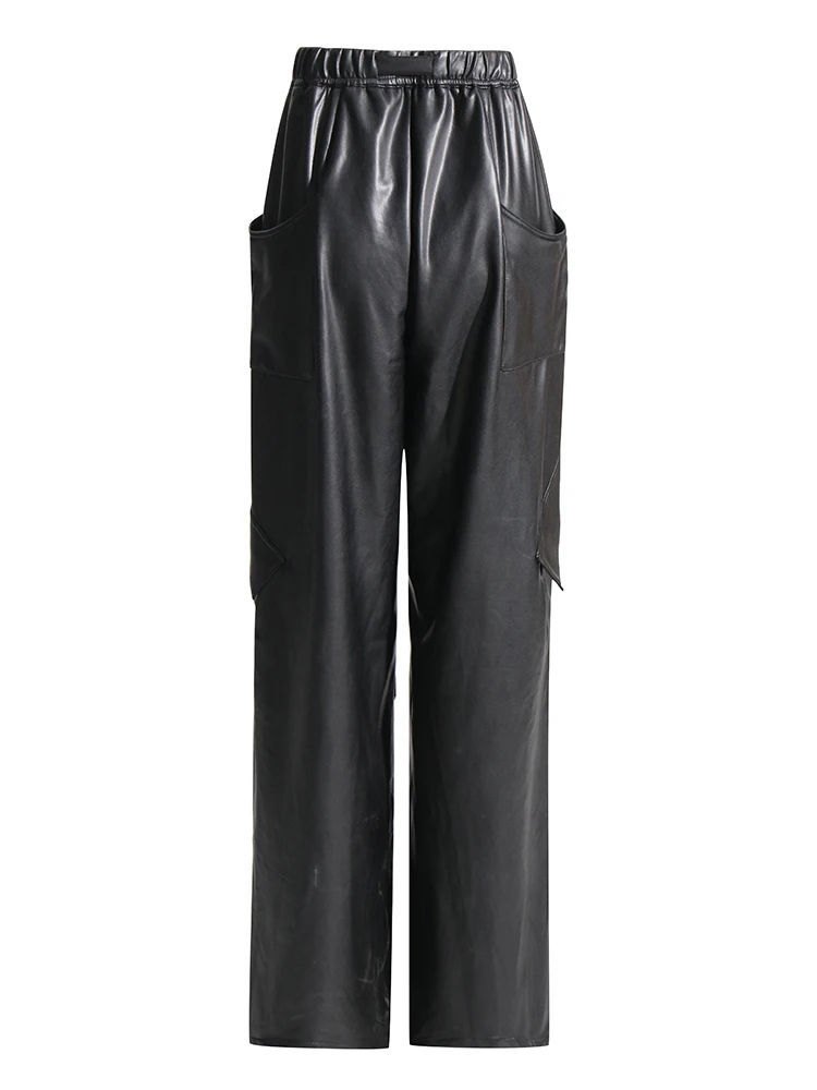 TWOTWINSTYLE Designer Loose Patchwork Belt Pu Leather Pants