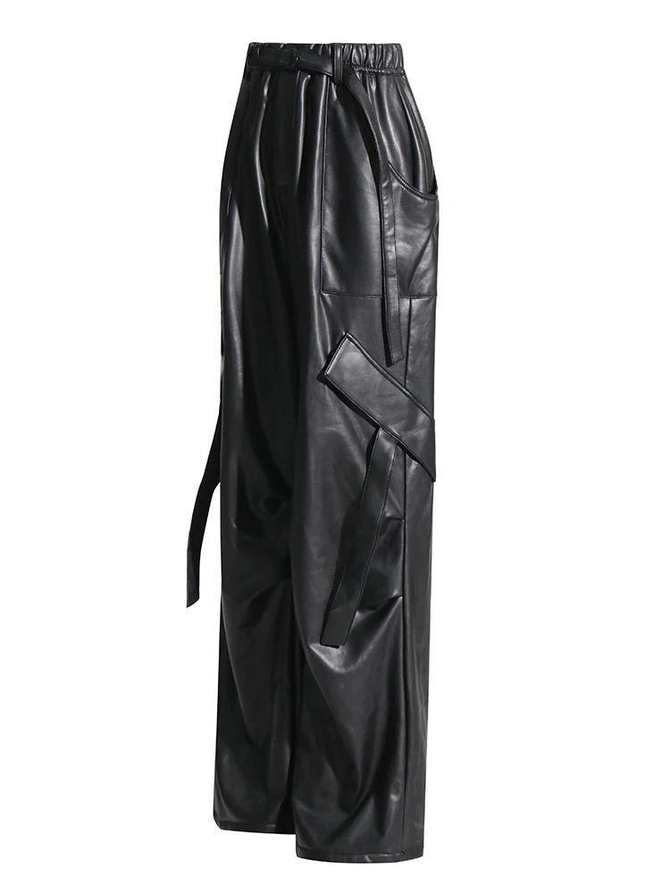 TWOTWINSTYLE Designer Loose Patchwork Belt Pu Leather Pants