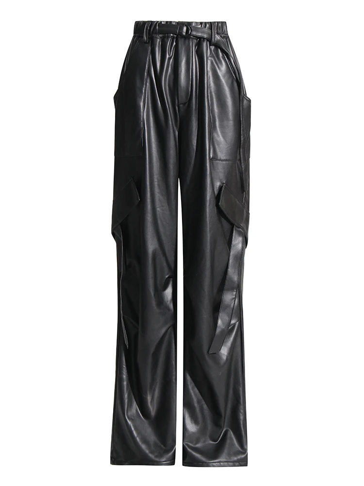 TWOTWINSTYLE Designer Loose Patchwork Belt Pu Leather Pants