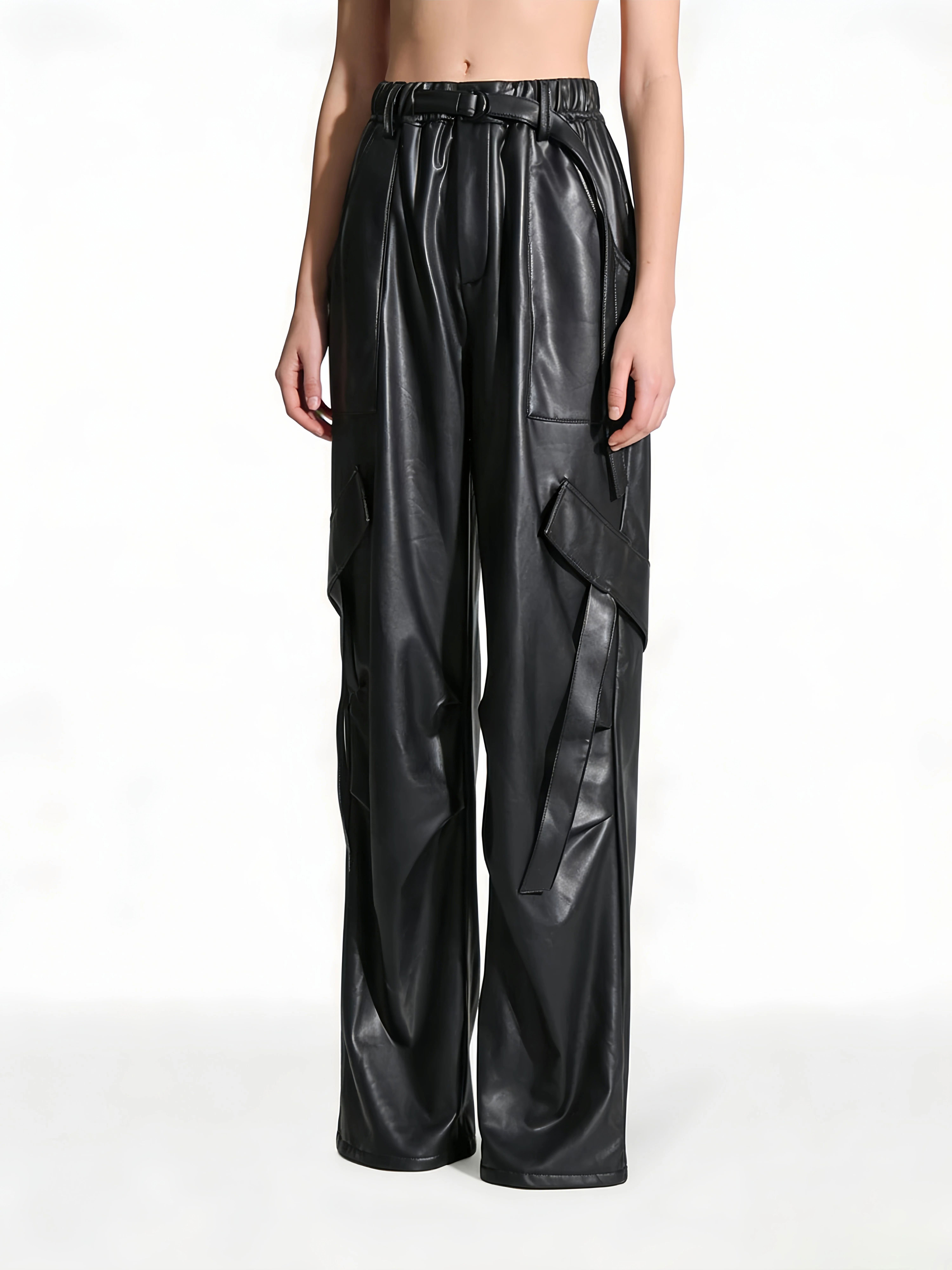 TWOTWINSTYLE Designer Loose Patchwork Belt Pu Leather Pants