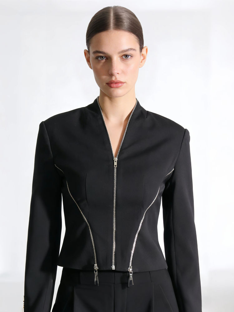 TWOTWINSTYLE Fashion V-Neck Tunic Spliced Zipper Coat