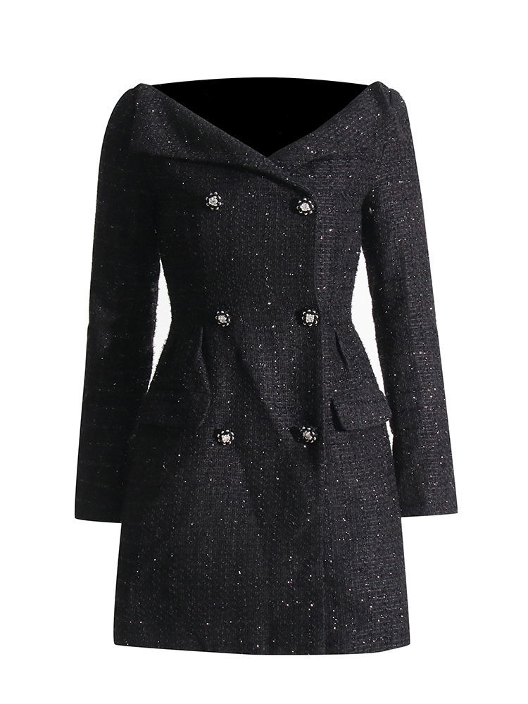 TWOTWINSTYLE Lapel Patchwork Double Breasted High Waist Dress