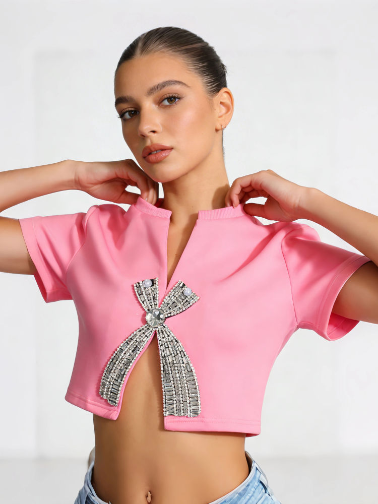 TWOTWINSTYLE Solid Spliced Diamond Chic Crop Top