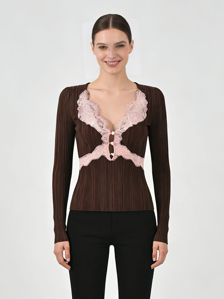 TWOTWINSTYLE Spliced Lace Hit Color Slimming Sweater