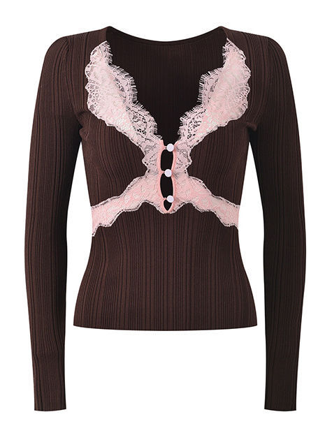 TWOTWINSTYLE Spliced Lace Hit Color Slimming Sweater