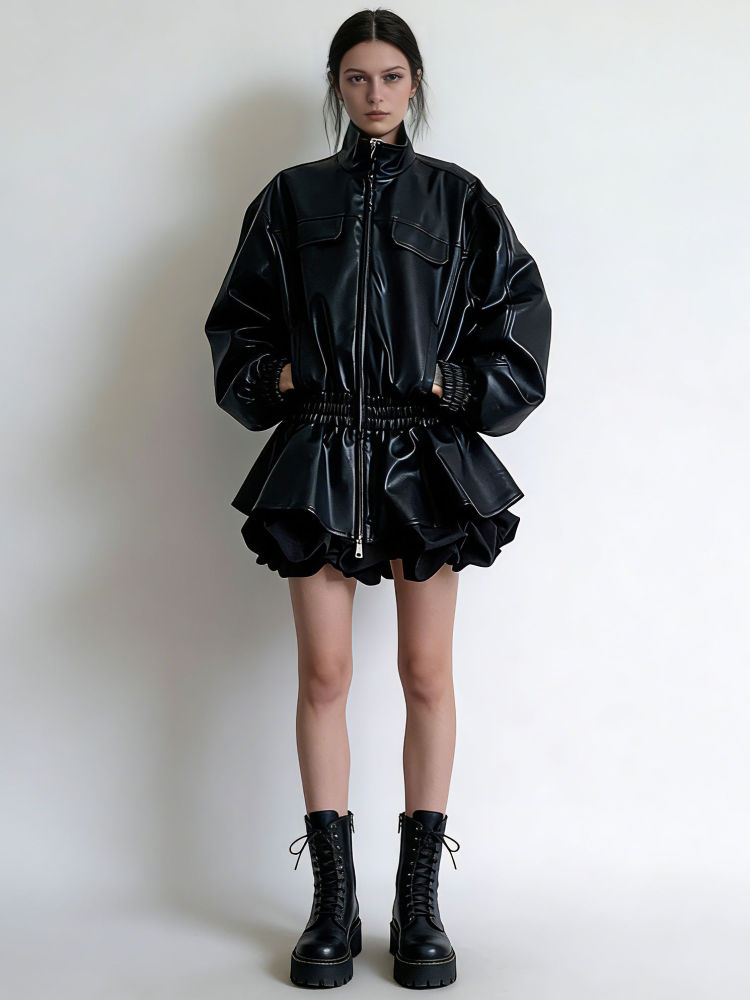 TWOTWINSTYLE Stand Collar Tunic Casual PU Leather Coat