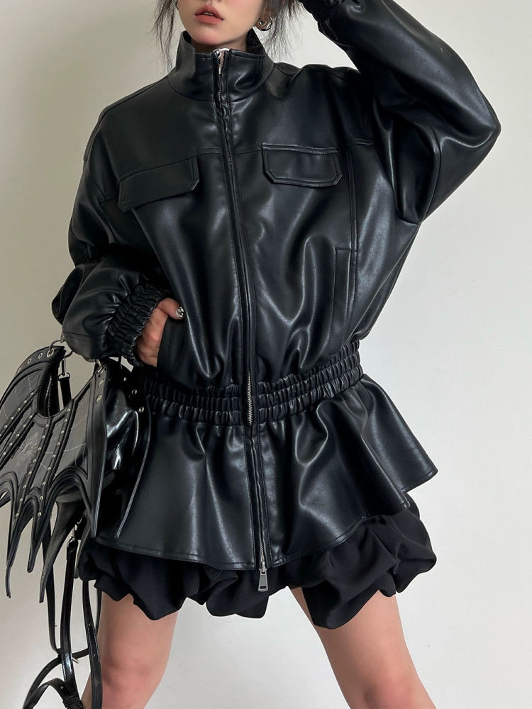 TWOTWINSTYLE Stand Collar Tunic Casual PU Leather Coat