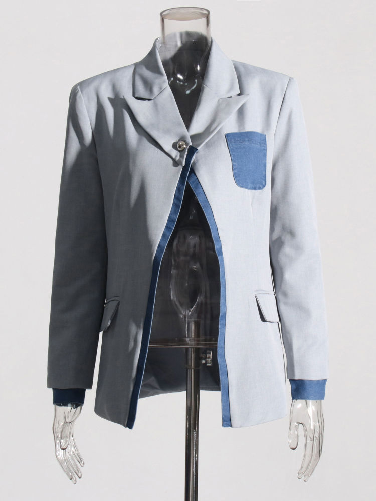 TWOTWINSTYLE Lapel Patchwork Denim Long Sleeve Casual Coat