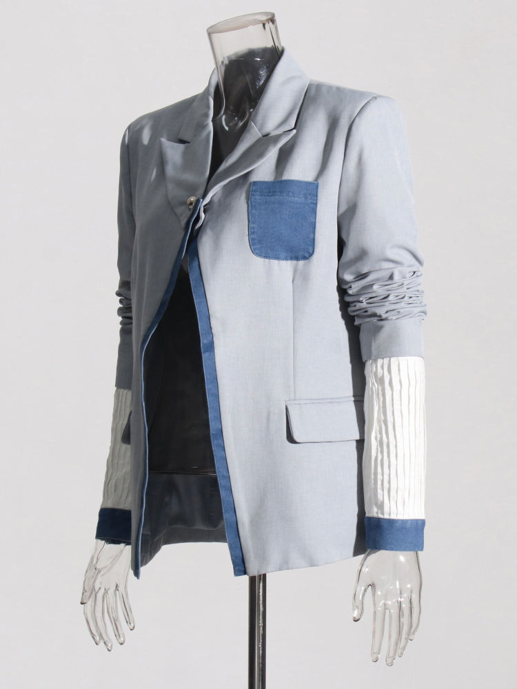TWOTWINSTYLE Lapel Patchwork Denim Long Sleeve Casual Coat