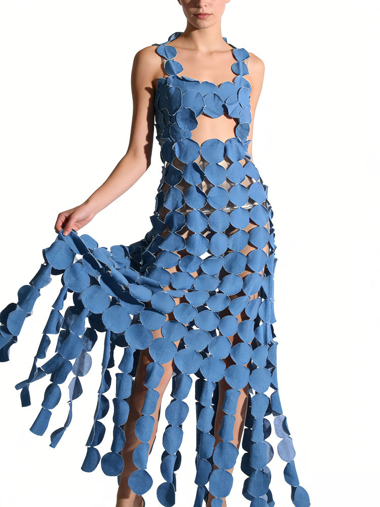 TWOTWINSTYLE Patchwork Denim Dot Hollow Out Sleeveless Sexy Dress