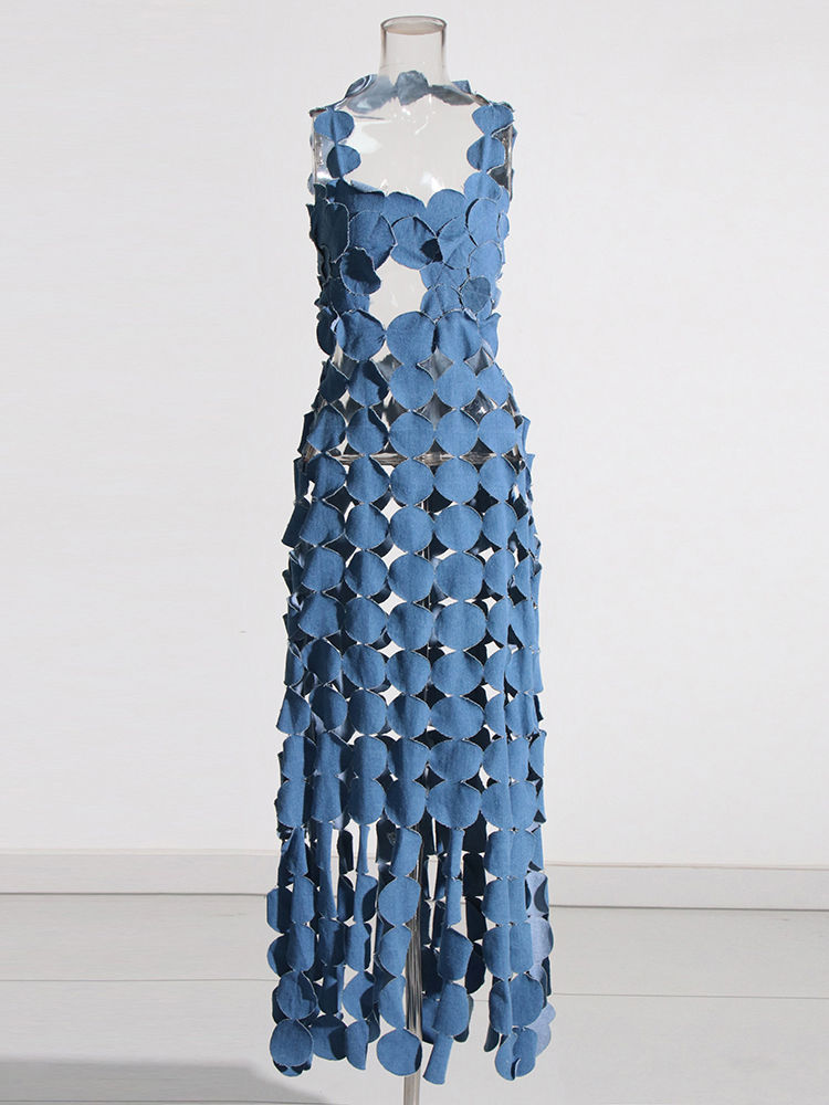 TWOTWINSTYLE Patchwork Denim Dot Hollow Out Sleeveless Sexy Dress
