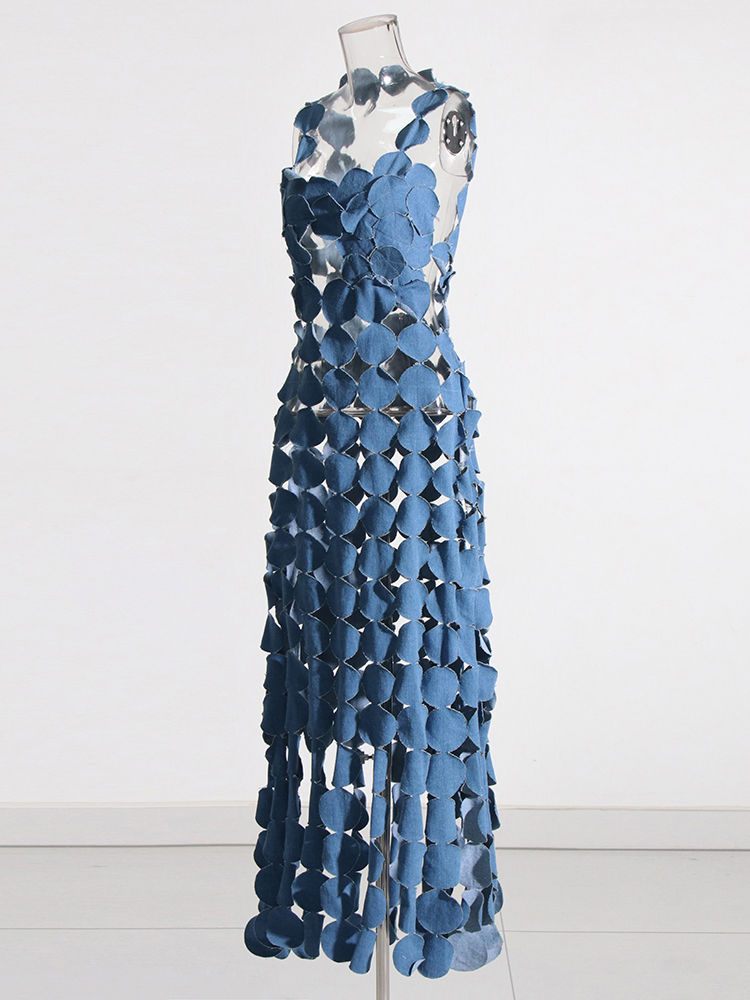 TWOTWINSTYLE Patchwork Denim Dot Hollow Out Sleeveless Sexy Dress