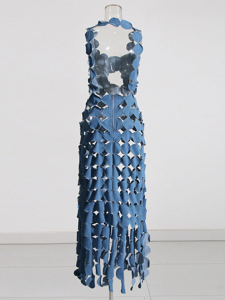 TWOTWINSTYLE Patchwork Denim Dot Hollow Out Sleeveless Sexy Dress