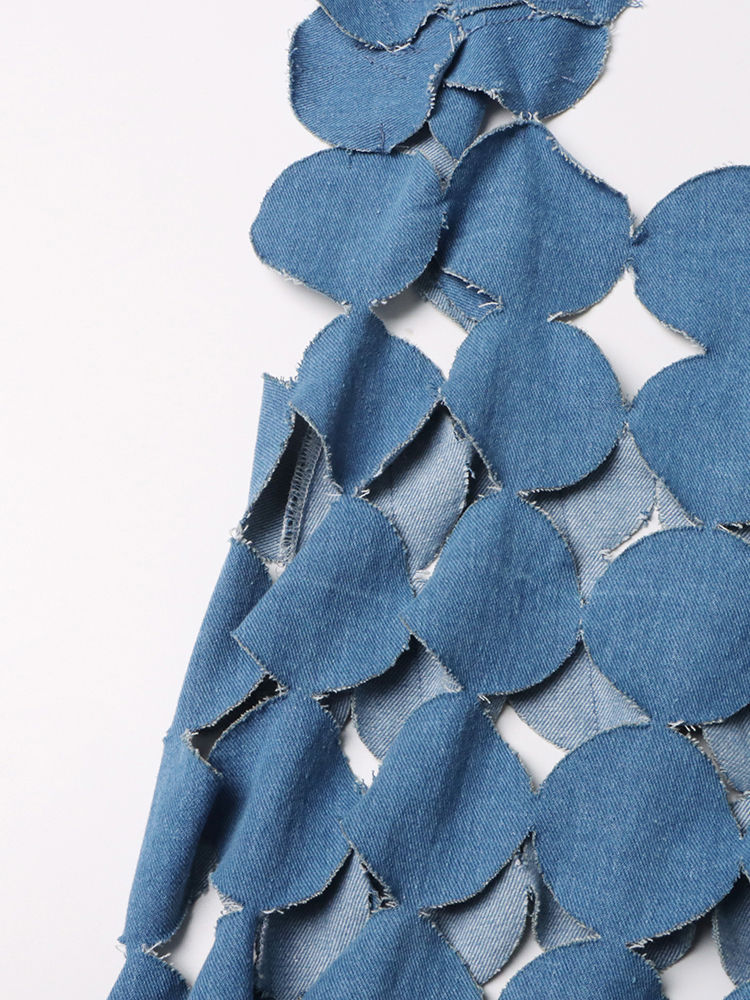 TWOTWINSTYLE Patchwork Denim Dot Hollow Out Sleeveless Sexy Dress