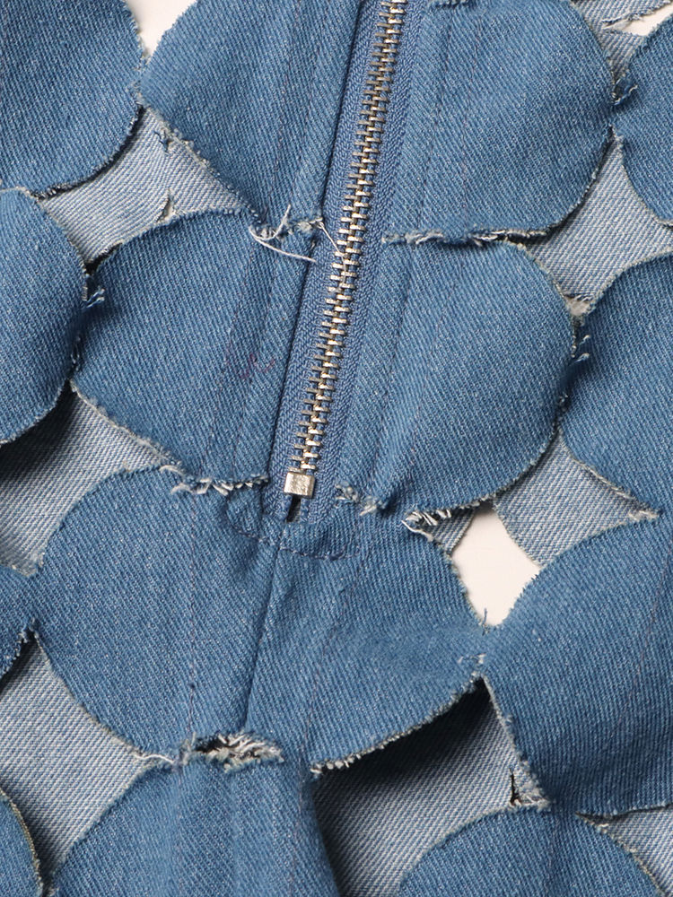 TWOTWINSTYLE Patchwork Denim Dot Hollow Out Sleeveless Sexy Dress