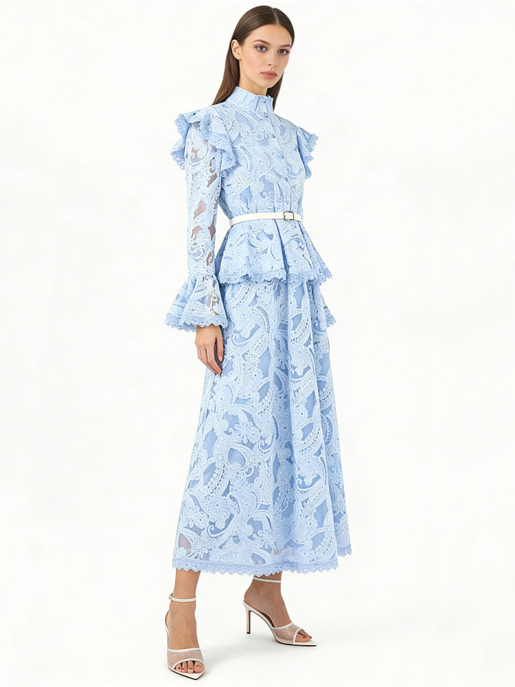 TWOTWINSTYLE Stand Collar Patchwork Belt Vintage Midi Dress