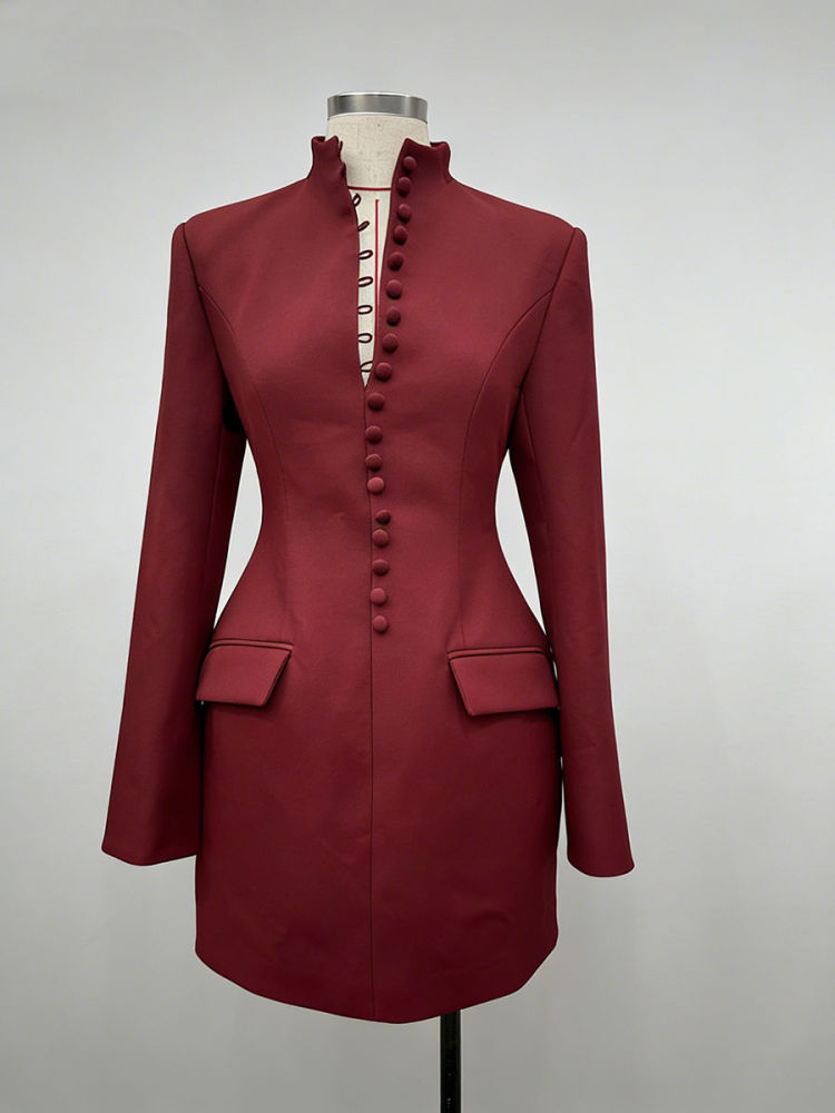 TWOTWINSTYLE Stand Collar Tunic Elegant Mini Dress