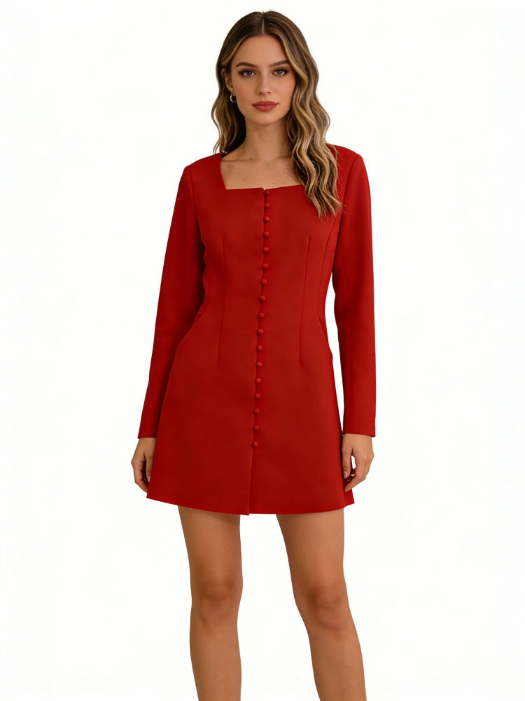 TWOTWINSTYLE Vintage Solid Square Collar Tunic Dress