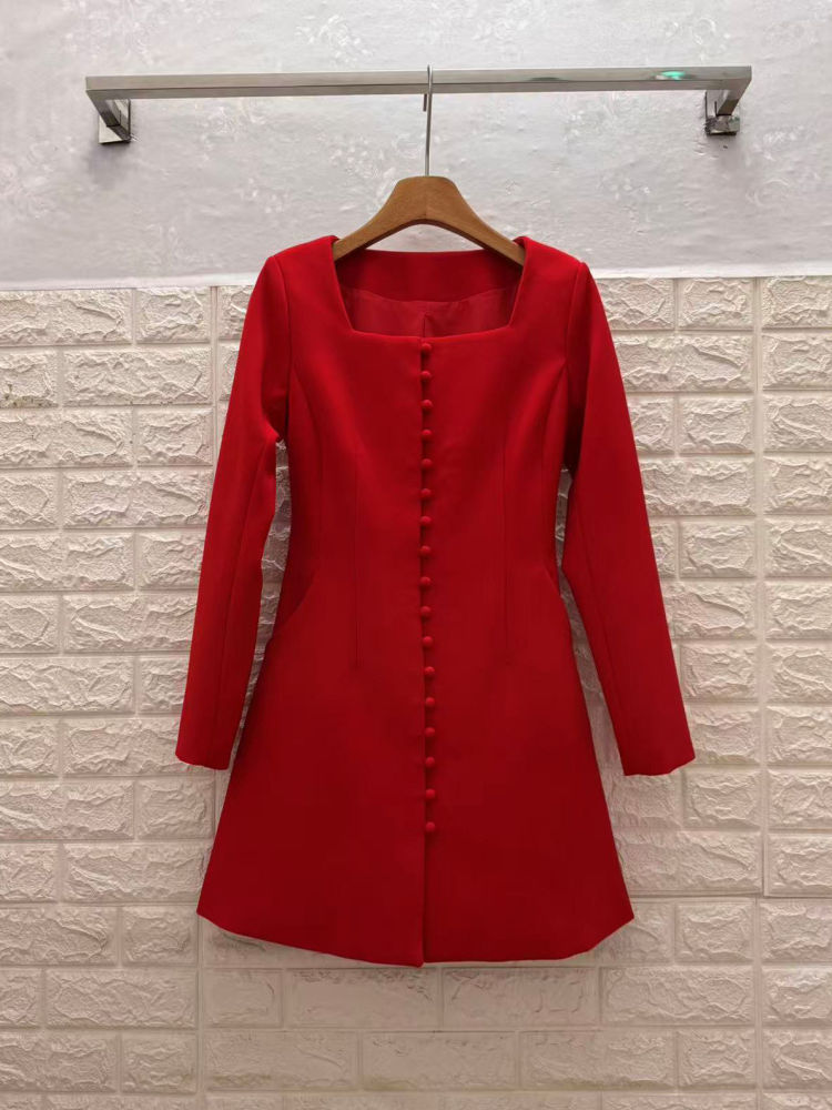 TWOTWINSTYLE Vintage Solid Square Collar Tunic Dress