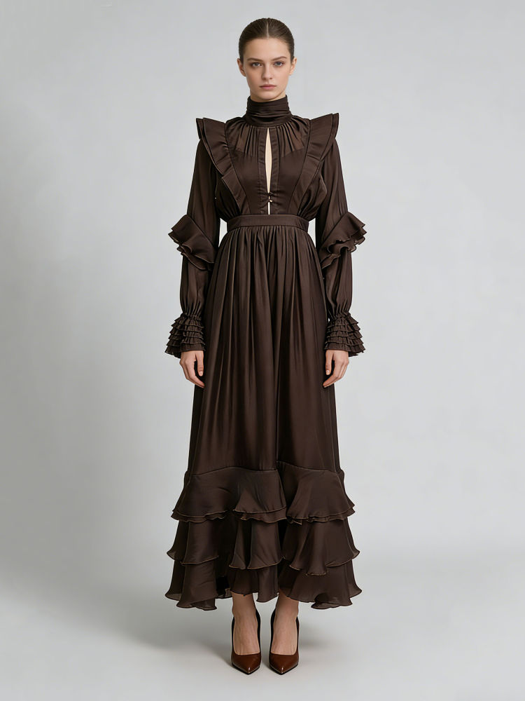 TWOTWINSTYLE Vintage Stand Collar Hollow Out Minimalist Dress