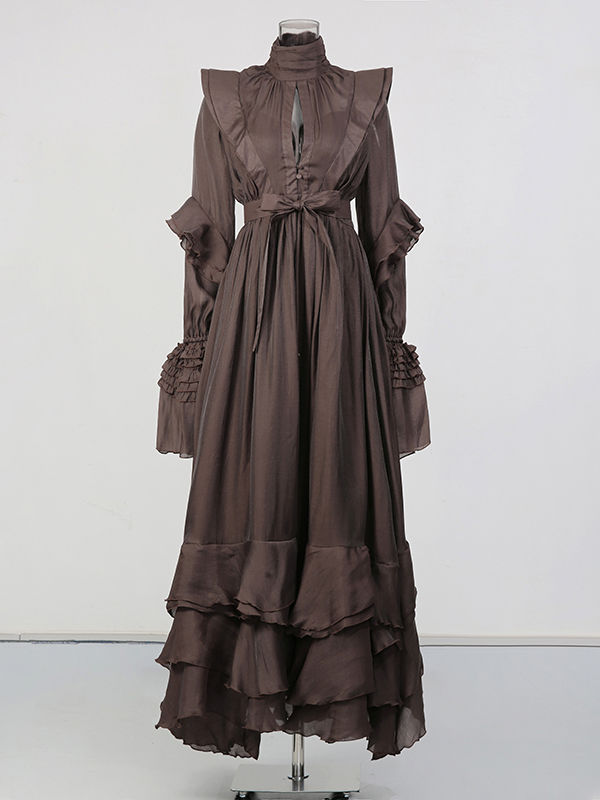 TWOTWINSTYLE Vintage Stand Collar Hollow Out Minimalist Dress