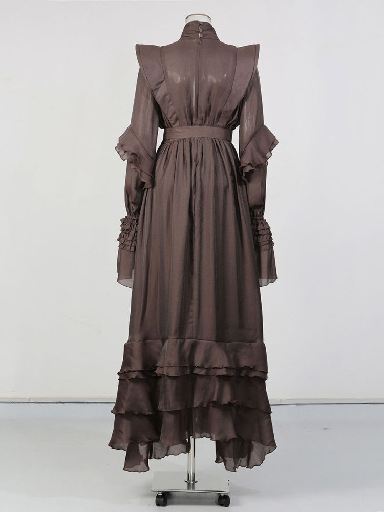 TWOTWINSTYLE Vintage Stand Collar Hollow Out Minimalist Dress